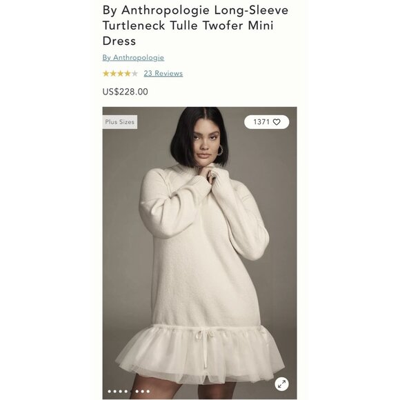 NWT Size 2X -Anthro Long-Sleeve Turtleneck Tulle Twofer Mini Dress (NWT US$ 228) - Picture 1 of 16